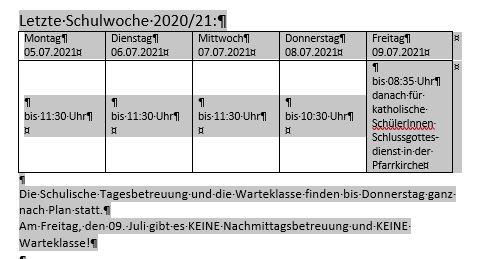 letzte Schulwoche